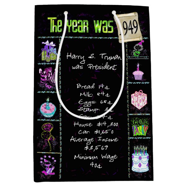 Geburtsjahr 1949 Fun Trivia auf schwarz Mittlere Geschenktüte (Vorderseite)