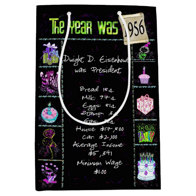 Geburtsjahr 1956 Fun Trivia auf schwarz Mittlere Geschenktüte (Vorderseite)