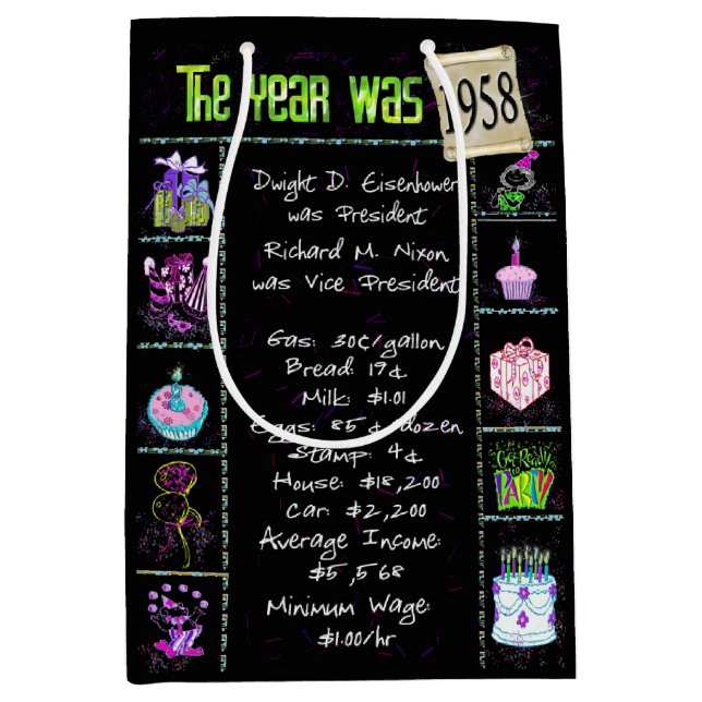 Geburtsjahr 1958 Fun Trivia auf schwarz Mittlere Geschenktüte (Vorderseite)