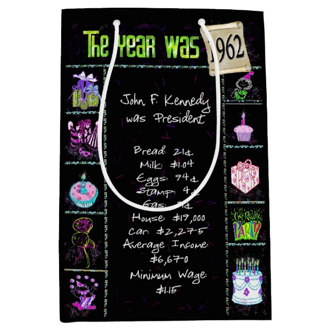 Geburtsjahr 1962 Fun Trivia auf schwarz Mittlere Geschenktüte (Vorderseite)