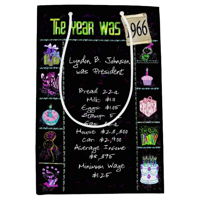 Geburtsjahr 1966 Fun Trivia auf schwarz Mittlere Geschenktüte (Vorderseite)