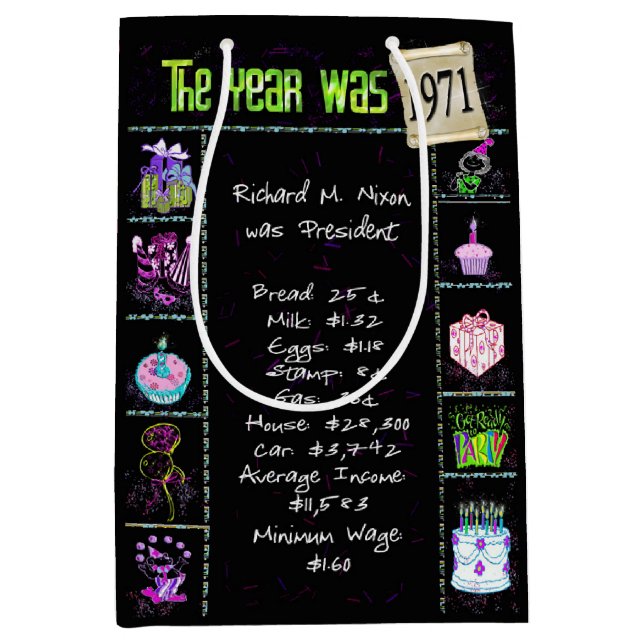 Geburtsjahr 1971 Fun Trivia auf schwarz Mittlere Geschenktüte (Vorderseite)