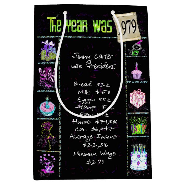 Geburtsjahr 1979 Fun Trivia auf schwarz Mittlere Geschenktüte (Vorderseite)