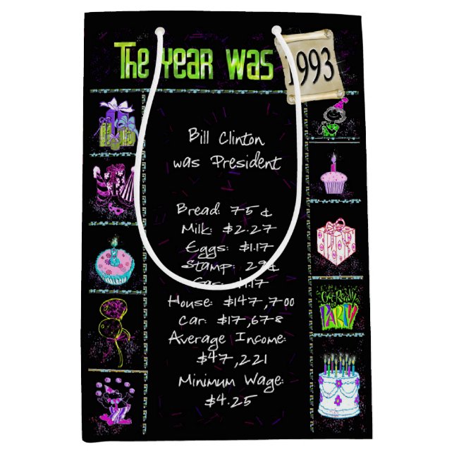 Geburtsjahr 1993 Fun Trivia auf schwarz Mittlere Geschenktüte (Vorderseite)