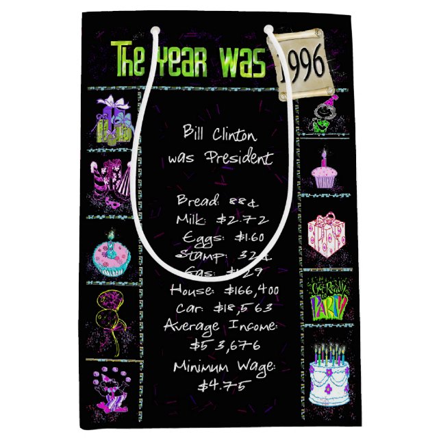 Geburtsjahr 1996 Fun Trivia auf schwarz Mittlere Geschenktüte (Vorderseite)