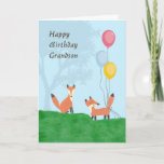 Geburtskarte für Grandson mit Füchsen Karte<br><div class="desc">Grandson Geburtstagskarte mit zwei niedlichen Füchsen,  drei bunten Ballons,  grünem Gras und einem Baum auf hellblauem Hintergrund. Dank der hungrigen jpeg für einige der Elemente in der Gestaltung.</div>