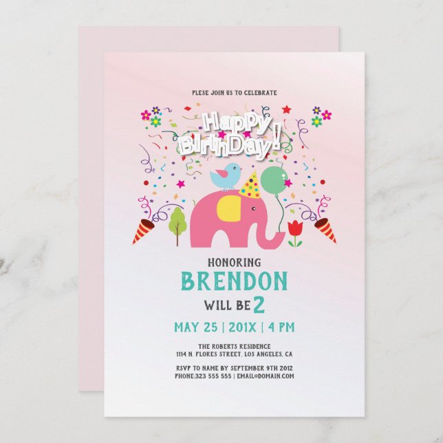 Geburtskarte mit Elefanten und Vögeln Einladung (Vorne/Hinten)