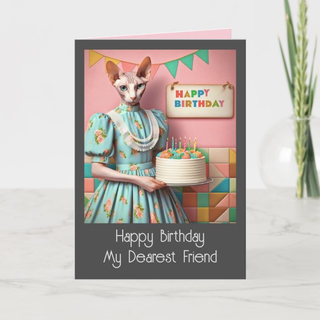 Geburtskarte | Sphynx Cat Lady with Birthday Cake Karte (Vorderseite)
