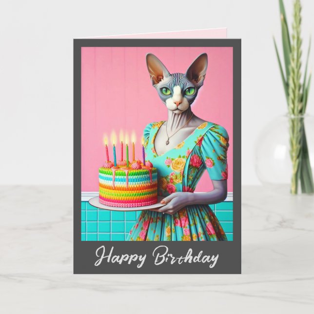 Geburtskarte | Sphynx Cat Lady with Birthday Cake Karte (Vorderseite)