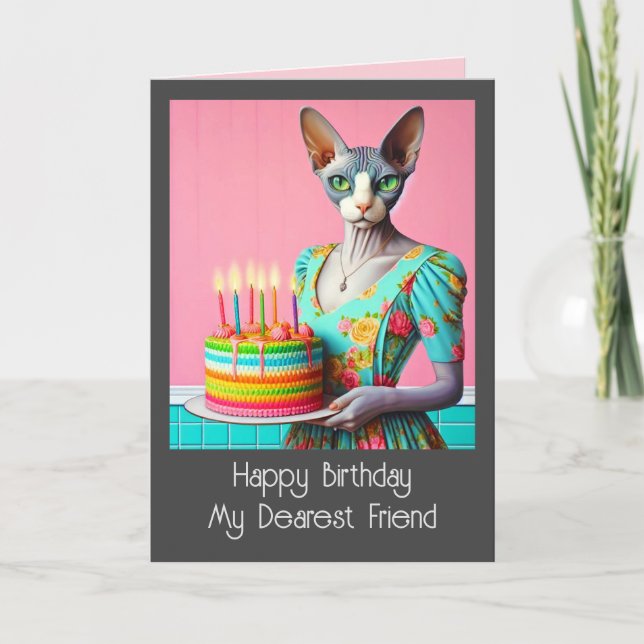 Geburtskarte | Sphynx Cat Lady with Birthday Cake Karte (Vorderseite)
