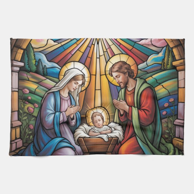 Geburtskirche-Buntglas-Kunst – Heiligabend der Hei Geschirrtuch (Horizontal)