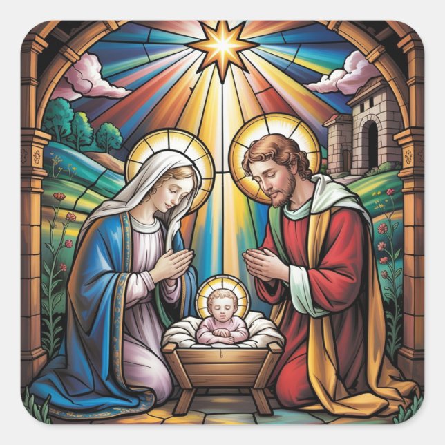 Geburtskirche-Buntglas-Kunst – Heiligabend der Hei Quadratischer Aufkleber (Vorderseite)