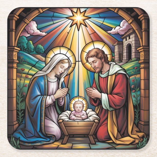 Geburtskirche-Buntglas-Kunst – Heiligabend der Hei Rechteckiger Pappuntersetzer (Vorderseite)