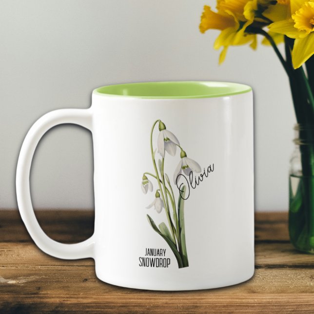 Geburtsmonat Januar Snowdrop Name Zweifarbige Tasse (Von Creator hochgeladen)