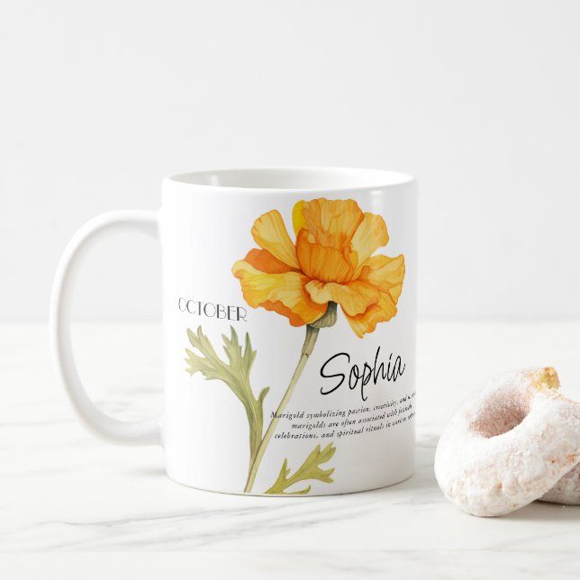 Geburtsmonat Oktober Blume Personalisiert Kaffeetasse (Mit Donut)