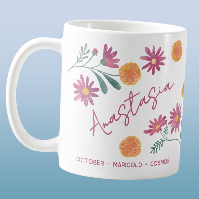 Geburtsmonatsblume Oktober mit individuellem Namen Kaffeetasse (October birth month flower personalized custom name marigold cosmos coffee mug gift)