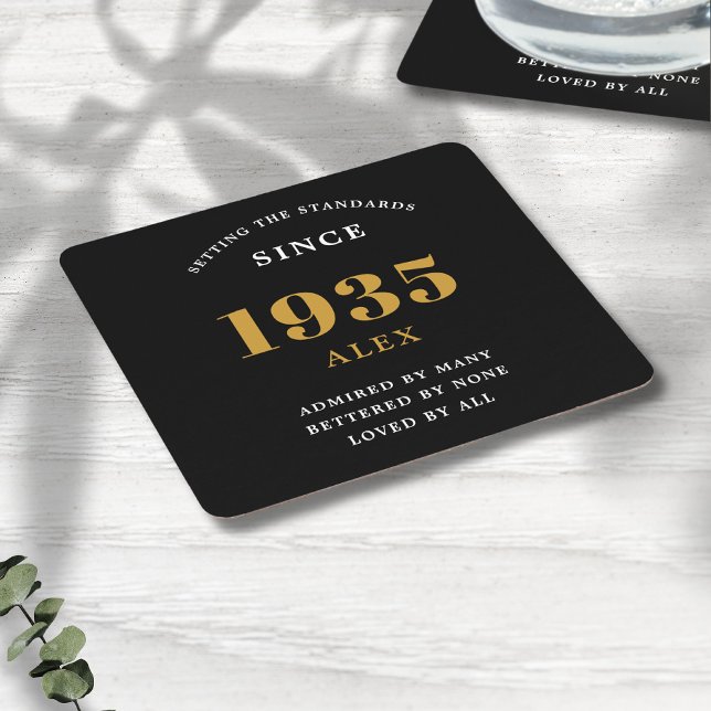Geburtsname 1935 Black Gold Elegant Chic Rechteckiger Pappuntersetzer (Personalized 90th birthday coasters)