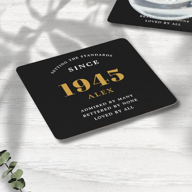 Geburtsname 1945 Black Gold Elegant Chic Rechteckiger Pappuntersetzer (80th birthday personalized paper coaster)