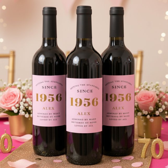 Geburtsname 1956 Pink Gold Elegant Chic Weinetikett (70th birthday pink wine bottle labels on 3 red wine bottles.)