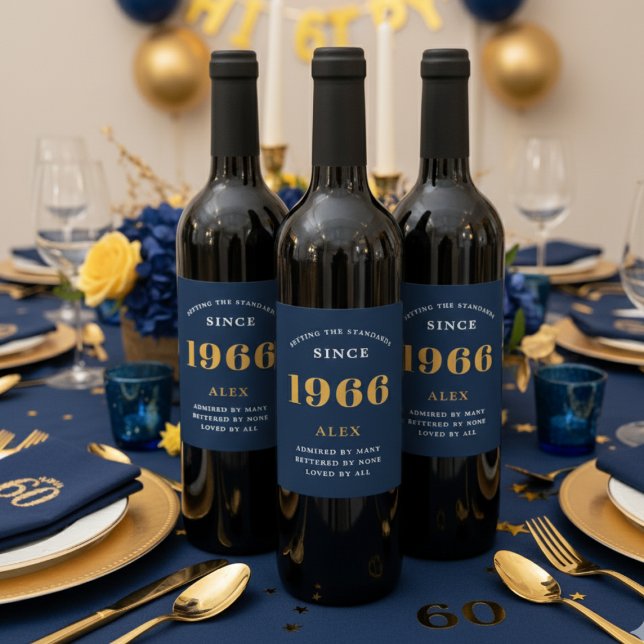 Geburtsname 1966 Blue Gold Elegant Chic Weinetikett (Blue 60th birthday wine bottle labels.)