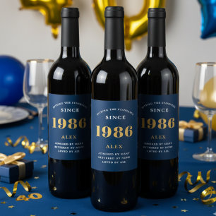 Geburtsname 1986 Blue Gold Elegant Chic Weinetikett