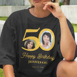Geburtsname personalisiert T-Shirt<br><div class="desc">Trendy kühnen Typografie 50 Jahre Geburtstag lustige personalisierte dunkle T - Shirt Vorlage mit 2 Fotos und modernen Retro-Stil Gold-Skript. Einfach mit Text und Bildern anpassen.</div>