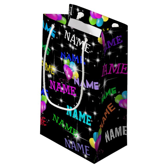 Geburtsname und Ballons in Sternen Kleine Geschenktüte (Rückseite Schrägansicht)