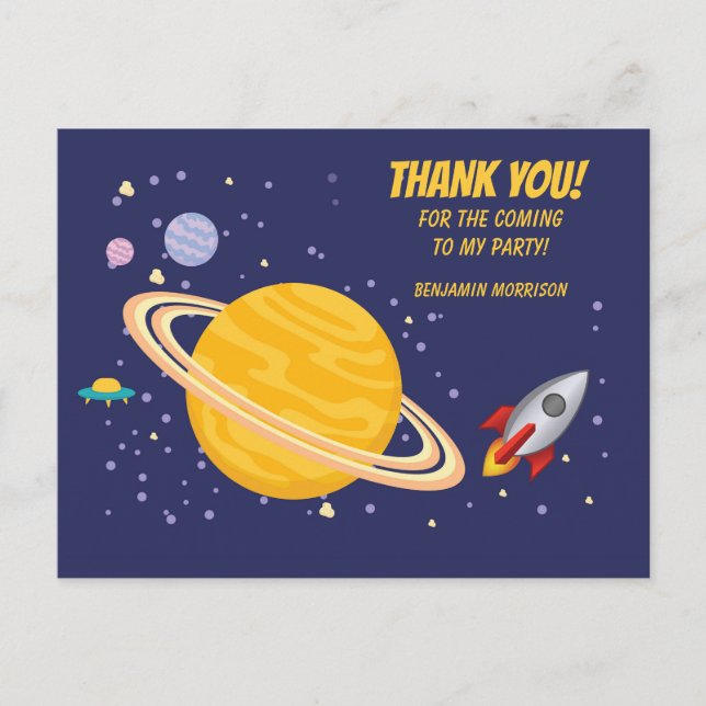 Geburtsplaneten und Raketenschiff im Weltraum Postkarte (Vorderseite)