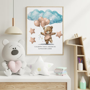 Geburtsstatistik Rosa Babybär Wolken Kinderzimmer Poster