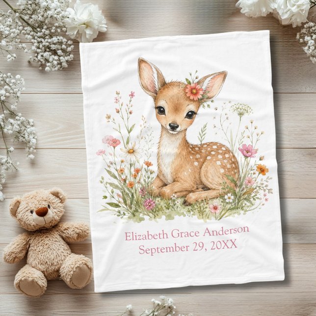 Geburtsstatistiken Personalisierter Name Datum Reh Fleecedecke (Baby Deer Wildflowers Baby Girl Birth Stats Baby Blanket. Baby shower new baby gift)