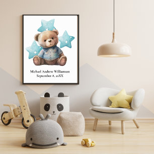 Geburtsstatistiken Teddybär Blau Baby Jungen Kinde Poster
