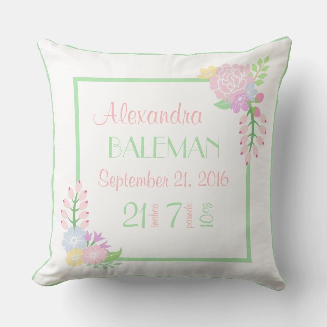 Geburtsstats Baby Girl Bloral Throw Kissen, 2 Seit Kissen (Vorderseite)