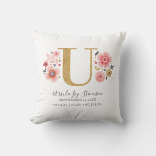 Geburtsstunde Letter U Pink Floral Monogram Initia Kissen