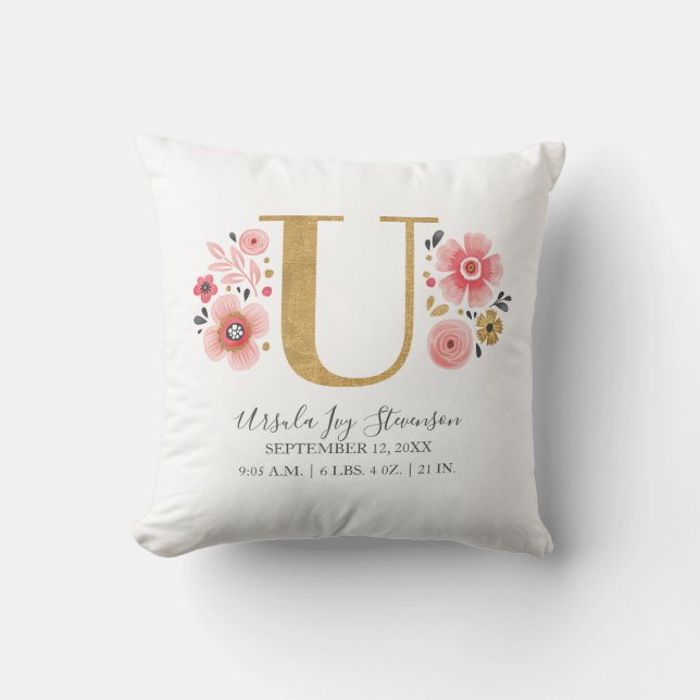 Geburtsstunde Letter U Pink Floral Monogram Initia Kissen (Vorderseite)