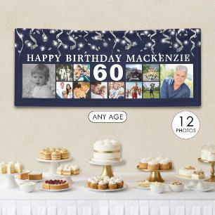 Geburtstag 12 Foto Collage Blue Silver Confetti Banner
