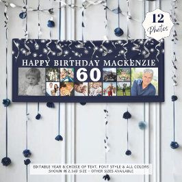 Geburtstag 12 Foto Collage Blue Silver Confetti Banner