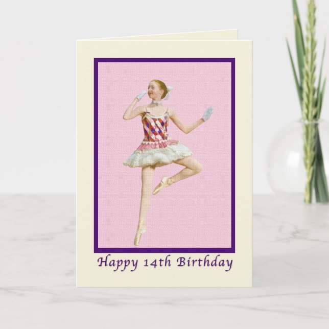 Geburtstag, 14., Ballerina in Rosa und Weiß Karte (Vorderseite)