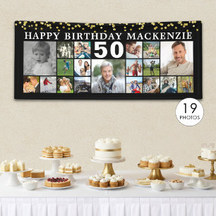 Geburtstag 19 Foto Collage Black Gold Confetti Banner