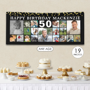 Geburtstag 19 Foto Collage Black Gold Confetti Banner