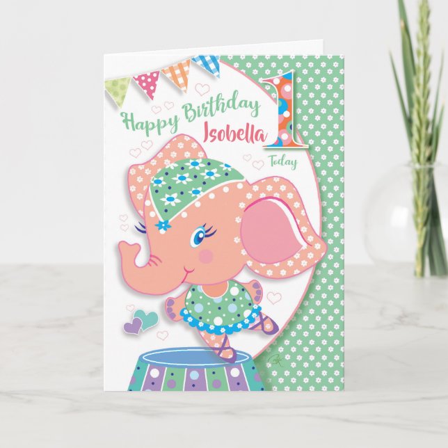 Geburtstag 1, Elle Ballerina Elephant Karte (Vorderseite)