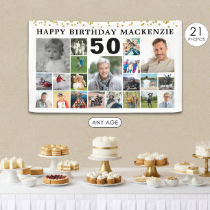 Geburtstag 21 Foto Collage Gold Confetti Custom Banner