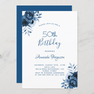 Geburtstag 50 blaue Blumenschrift Einladung