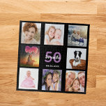 Geburtstag, 50 Foto Schwarze Puzzle<br><div class="desc">Ein Geschenk für den 50. (oder jedes Alter) Geburtstag einer Frau,  die ihr Leben mit einer Collage von 8 Ihrer Fotos feiert. Vorlagen für einen Namen,  50 Jahre und ein Datum. Geburtsdatum oder das Datum des Jahrestages. Lila und weiße Buchstaben. Chic schwarze Hintergrundfarbe.</div>