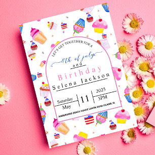 Geburtstag am 4. Juli rosa Cupcake mit USA-Flagge Einladung