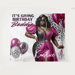 Geburtstag Baddie Black Woman Pink & Leopard Wandteppich