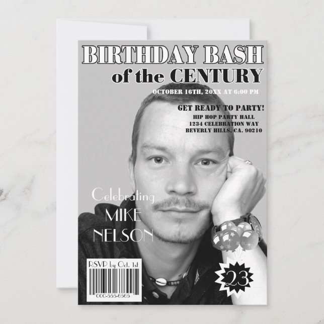 Geburtstag Bash Schwarz-weiß Magazine decken jedes Einladung (Vorderseite)