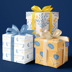 Geburtstag Blau und Orange Floral Geschenkpapier B Set