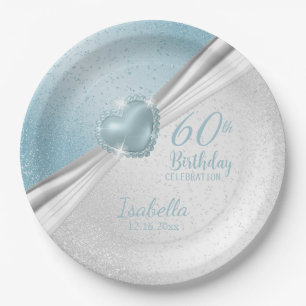 Geburtstag - Blue Heart & White Glitzer Pappteller
