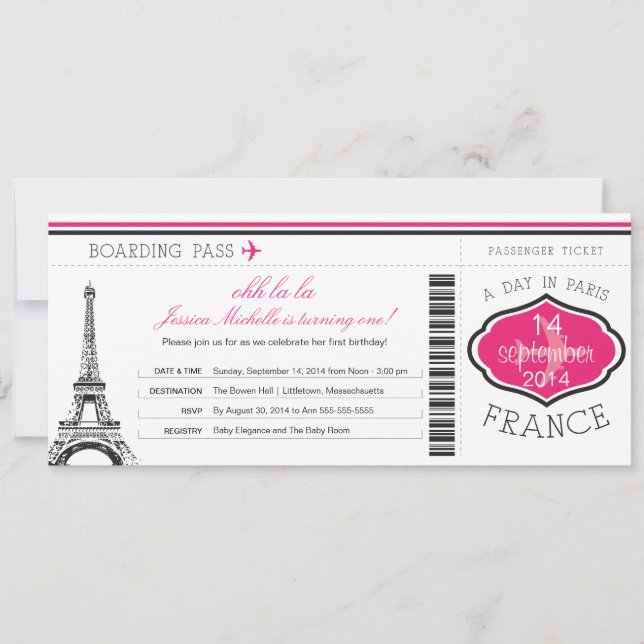 Geburtstag Boarding Pass auf Paris Einladung (Vorderseite)