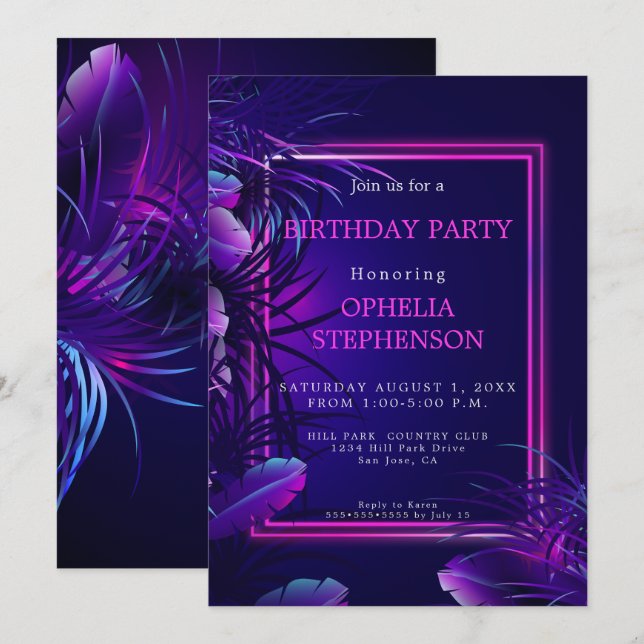 Geburtstag | Bold Tropical Neon Birthday Einladung (Vorne/Hinten)